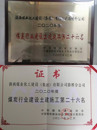 陜煤建設路橋分公司成功躋身2020年度煤炭行業施工企業土建施工（產值）前30強企業